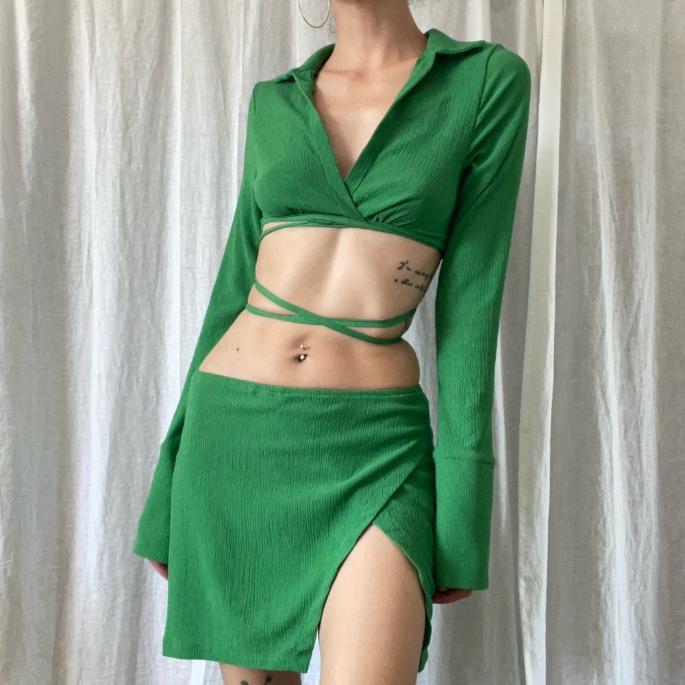 Green Wrap Crop Top and Skirt Set